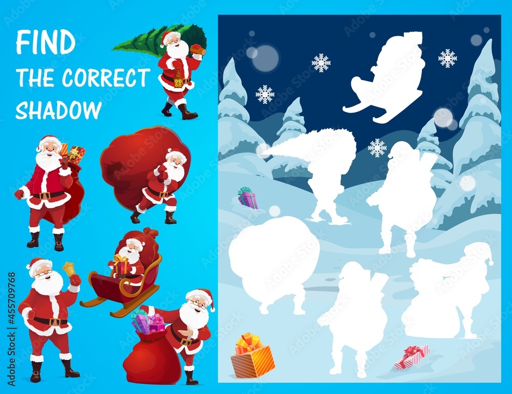 Poster children christmas game or puzzle vector template with find and match correct shadow of santa cartoo