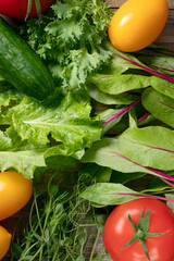 top view of various types of salad with vegetables. vegetable background. the concept of vegetarianism or proper eating.