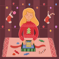 The woman is packing New Year's and Christmas gifts. Preparing for the New Year and Christmas holidays. Vector illustration flat cartoon style.
