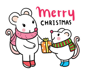 Hand draw cartoon cute mouse and present vector.