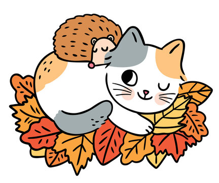 Hand draw cartoon cute cat and hedgehog sleeping on leaves, Autumu vector.