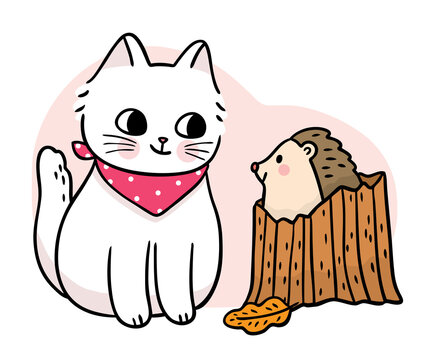 Hand draw cartoon cute cat and hedgehog in log, Autumu vector.