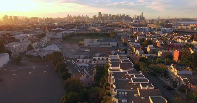 Aerial: potrero Hill in san francisco with a view to the city at sunset. California, USA