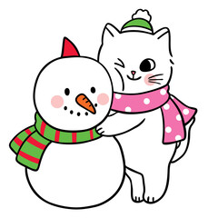 Hand draw cartoon cute cat hugging snowman vector.