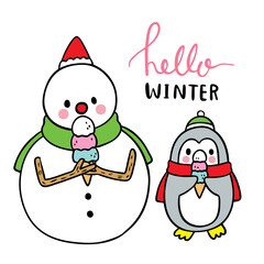 Hand draw cartoon cute snowman and penguin eat ice cream vector.