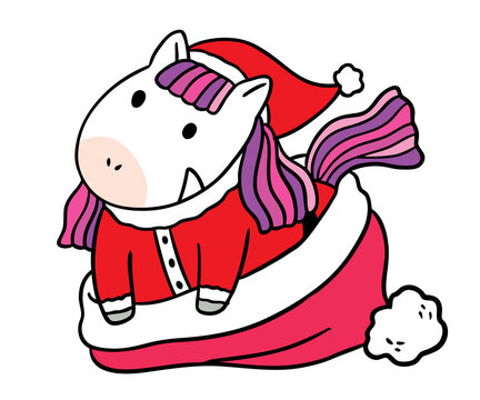 Hand draw cartoon cute santa unicorn in santa hat vector.