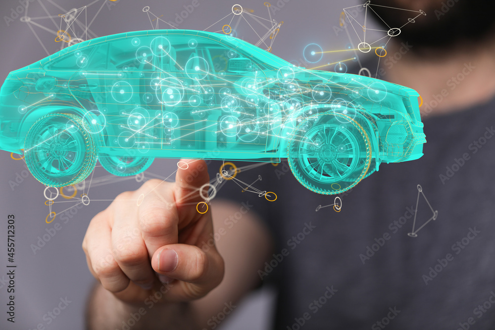 Poster electric car icon from lines, triangles and particle style