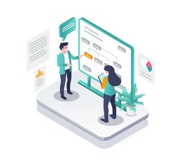 Isometric illustration design concept. currently discussing and preparing the company organizational structure