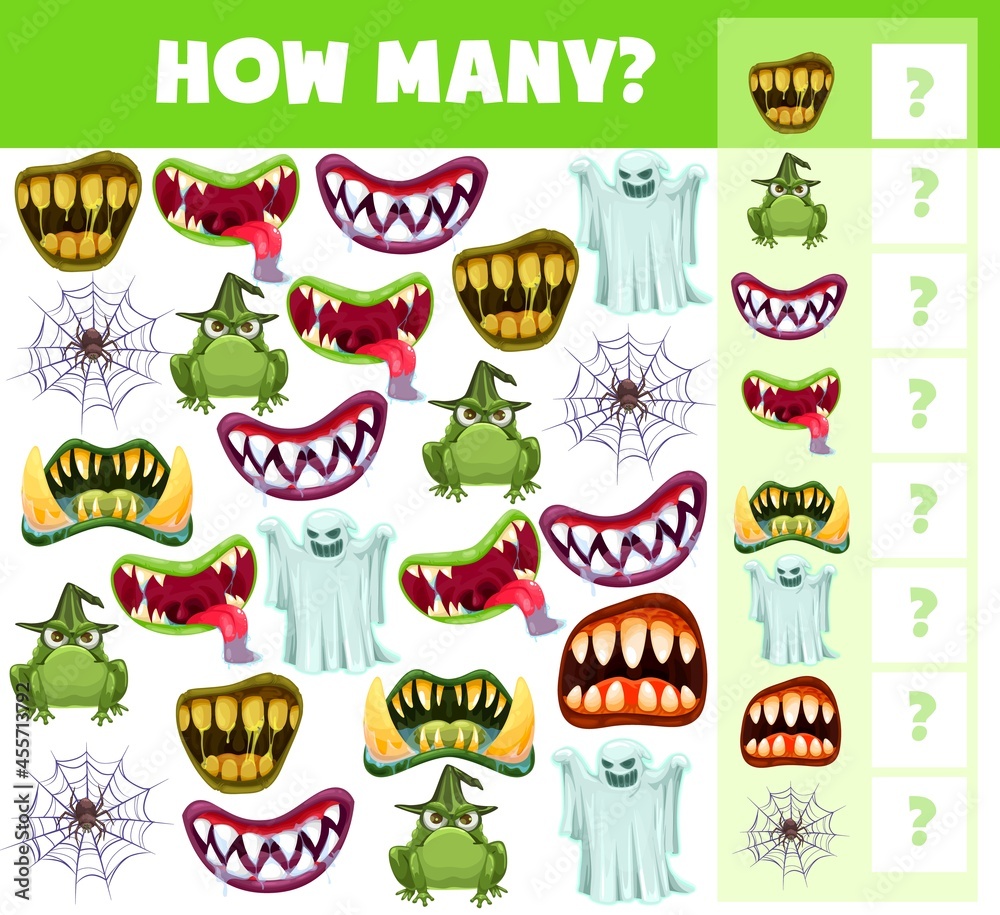 Poster children halloween i spy game template with counting task. kids exercise, child educational activity