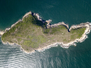 Aerial view of a rocky island and the sea in Hong Kong, China 