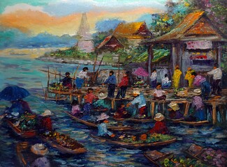 Art painting Fine art Oil color Floating market , rural life , rural thailand , Thailand  life