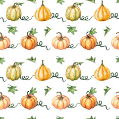 Pumpkin and leaves pattern. Watercolor seamless autumn background. Fall pumpkins on white background. Hand painted texture. Thanksgiving. Perfect for wallpapers, textile, postcards, greetings
