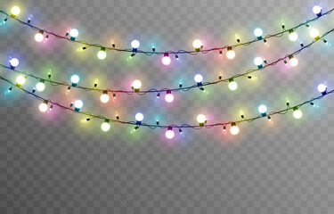 Vector Christmas garland on an isolated transparent background. Light, light garland PNG, multicolored light. Christmas decoration.