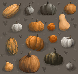 realistic illustration in warm shades of orange. Pattern with pumpkins for halloween.