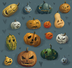 realistic illustration in warm shades of orange and blue. Pattern with pumpkins for halloween.