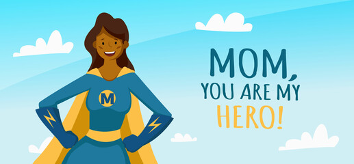 Mothers Day Greeting Card. African American super mom character  design for Mother Day Banner, Poster, Background. Vector stock.