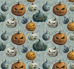 realistic illustration in warm shades of orange and blue. Pattern with pumpkins for halloween.