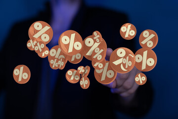 Red cubes percent falling on a white background. 3d rendering. Illustration for advertising.