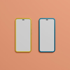 Two smart phone with blank screen on pink background. 3d rendering