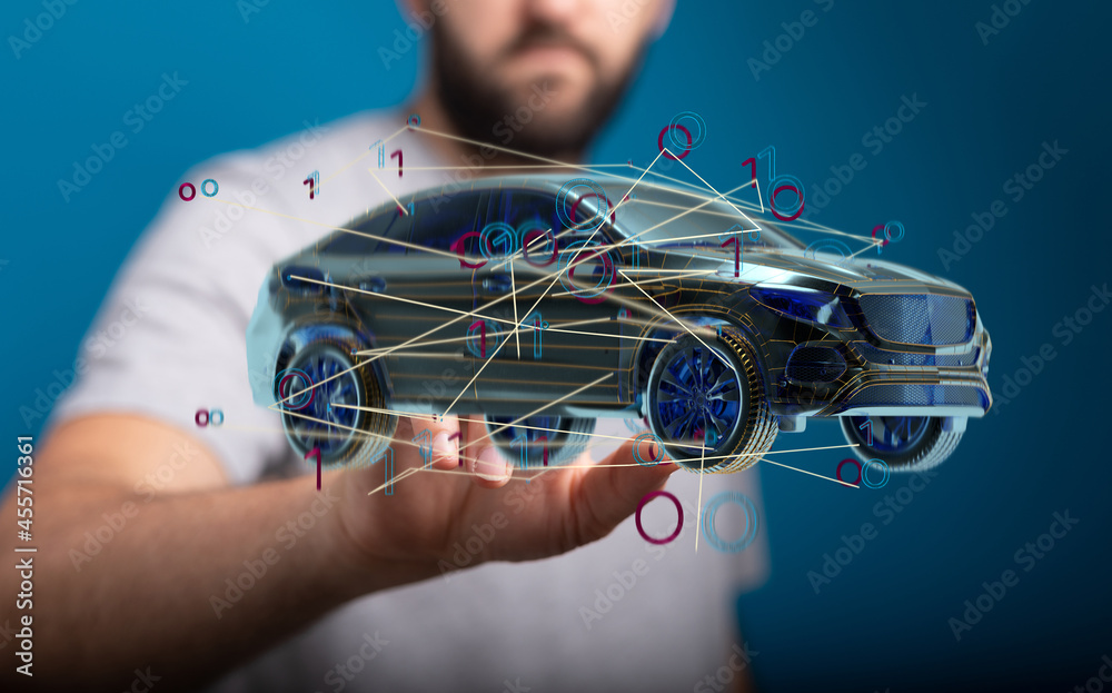 Poster electric car icon from lines, triangles and particle style