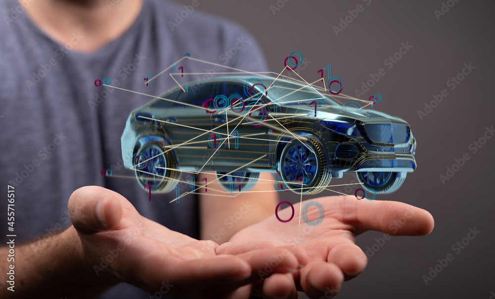 Poster electric car icon from lines, triangles and particle style