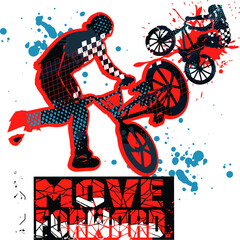 Typography urban style modern t-shirt with boy on bicycle BMX. Sport extreme style illustraton for guys.
