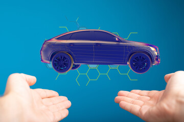 Electric car icon from lines, triangles and particle style