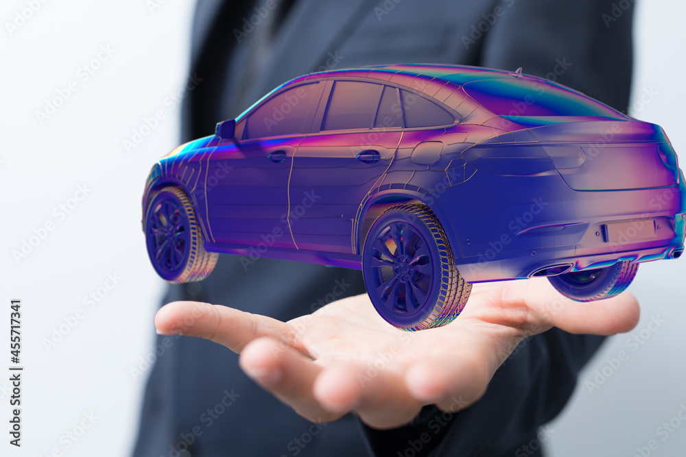 Poster electric car icon from lines, triangles and particle style