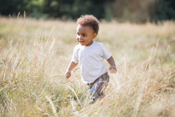 Naklejka na ściany i meble Little african american boy with curly hair playing and running on summer field. Happy child enjoying time on wild nature. Childhood concept.