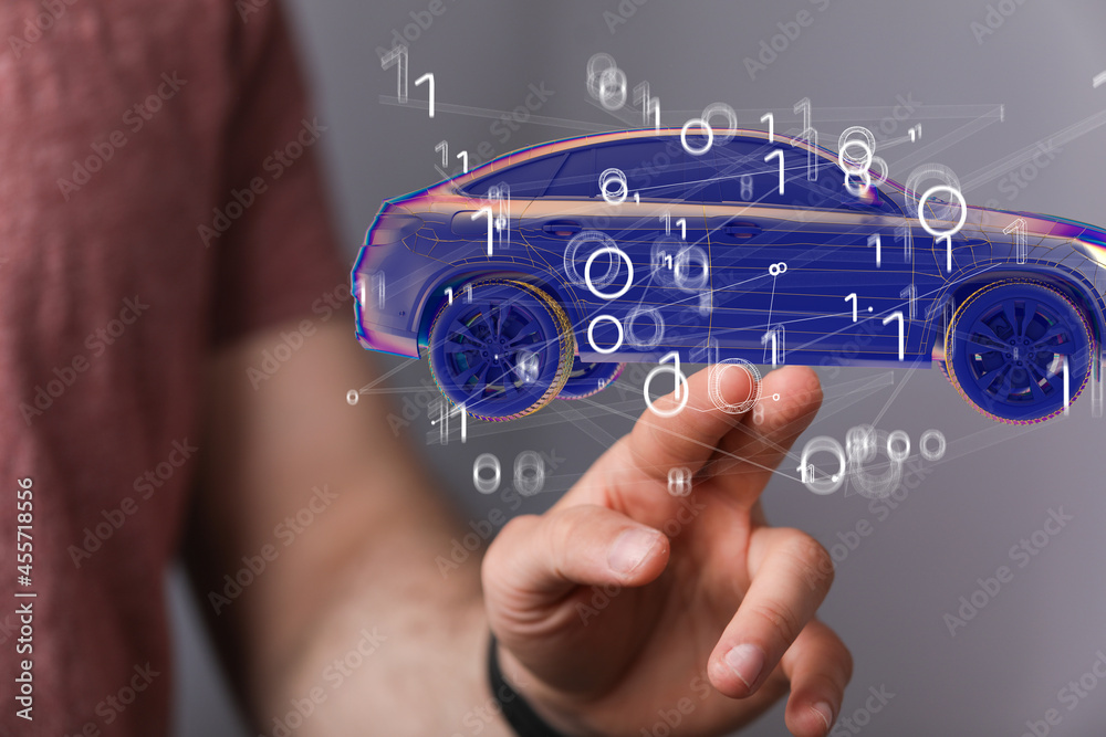 Poster electric car icon from lines, triangles and particle style