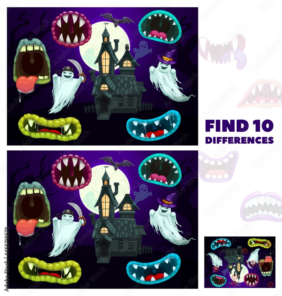 Poster kids find differences game with halloween cartoon monsters maws. children playing activity, exercise