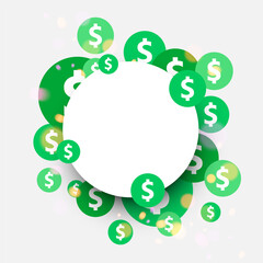 White round frame on green dollar confetti background.
