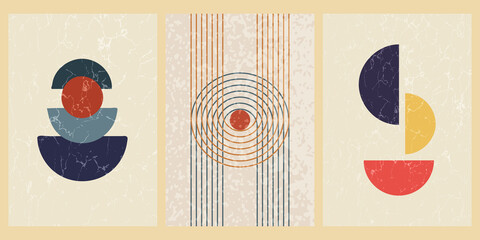 Set of abstract contemporary mid century posters with geometric shapes and texture. Design for wallpaper, background, wall decor, cover, print, card. Modern boho minimalist art. Vector illustration.