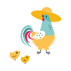 Cute Hen as Farm Bird on Ranch Wearing Straw Hat and Walking with Little Chickens Vector Illustration