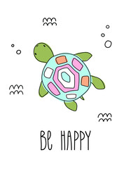 Cute turtle isolated with doodle sea ocean. Hand drawn undersea animals text be happy.