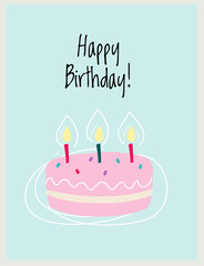 Happy Birthday Card with Sweet Cake with Candles as Holiday Symbol Vector Illustration