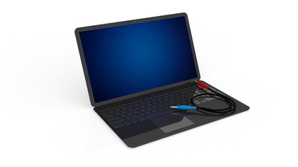 3d illustration laptop computer with aux rj 45 cables
