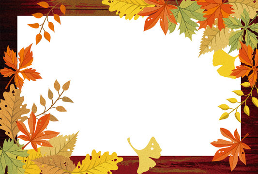 秋イメージの紅葉のフレームの木目背景素材