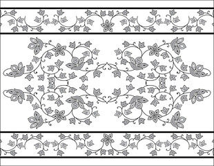 Woodblock Printed Seamless Ethnic Floral Geometric Border. Traditional Oriental Ornament Of India Kashmir, Flowers Wave Motif, Black On White Background. Textile Design. Royalty Free Cliparts