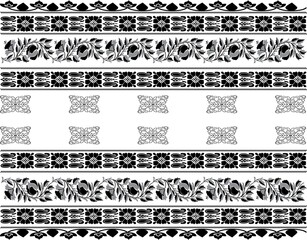 Woodblock Printed Seamless Ethnic Floral Geometric Border. Traditional Oriental Ornament Of India Kashmir, Flowers Wave Motif, Black On White Background. Textile Design. Royalty Free Cliparts