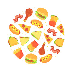Fast Food Design with Appetizing Hamburger, Sandwich and Pizza Slice Arranged in Circle Vector Template