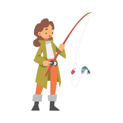 Young Woman Character in Fisherman Boots with Angling Rod Fishing Vector Illustration