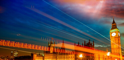 Fototapeta na wymiar Colourful car light trails on Westminster Bridge