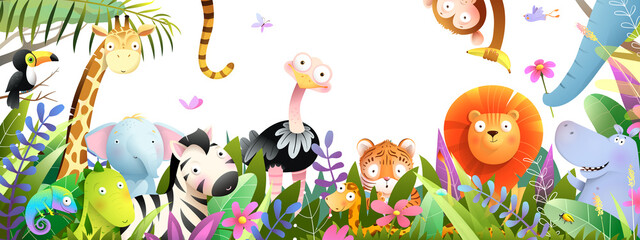 Jungle animals frame design for kids, African baby zoo banner in tropical forest. Many adorable safari or zoo animals in nature. Horizontal panorama for kids and children, vector art illustration. - obrazy, fototapety, plakaty