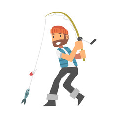 Young Bearded Man Character in Fisherman Boots with Angling Rod Fishing Vector Illustration