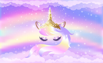 Face of a unicorn with closed eyes with stars.