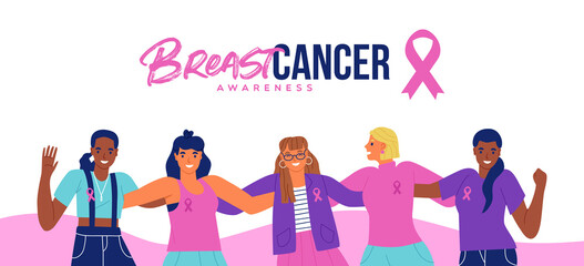 Breast Cancer awareness woman friend group hug - obrazy, fototapety, plakaty