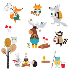 Cute Forest Animal Hiking with Backpack and Sitting at Campfire Vector Set