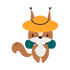 Cute Squirrel as Forest Animal in Hat and Backpack Engaged in Hiking and Camping Vector Illustration