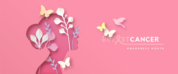 Breast Cancer awareness pink paper cut girl banner - obrazy, fototapety, plakaty